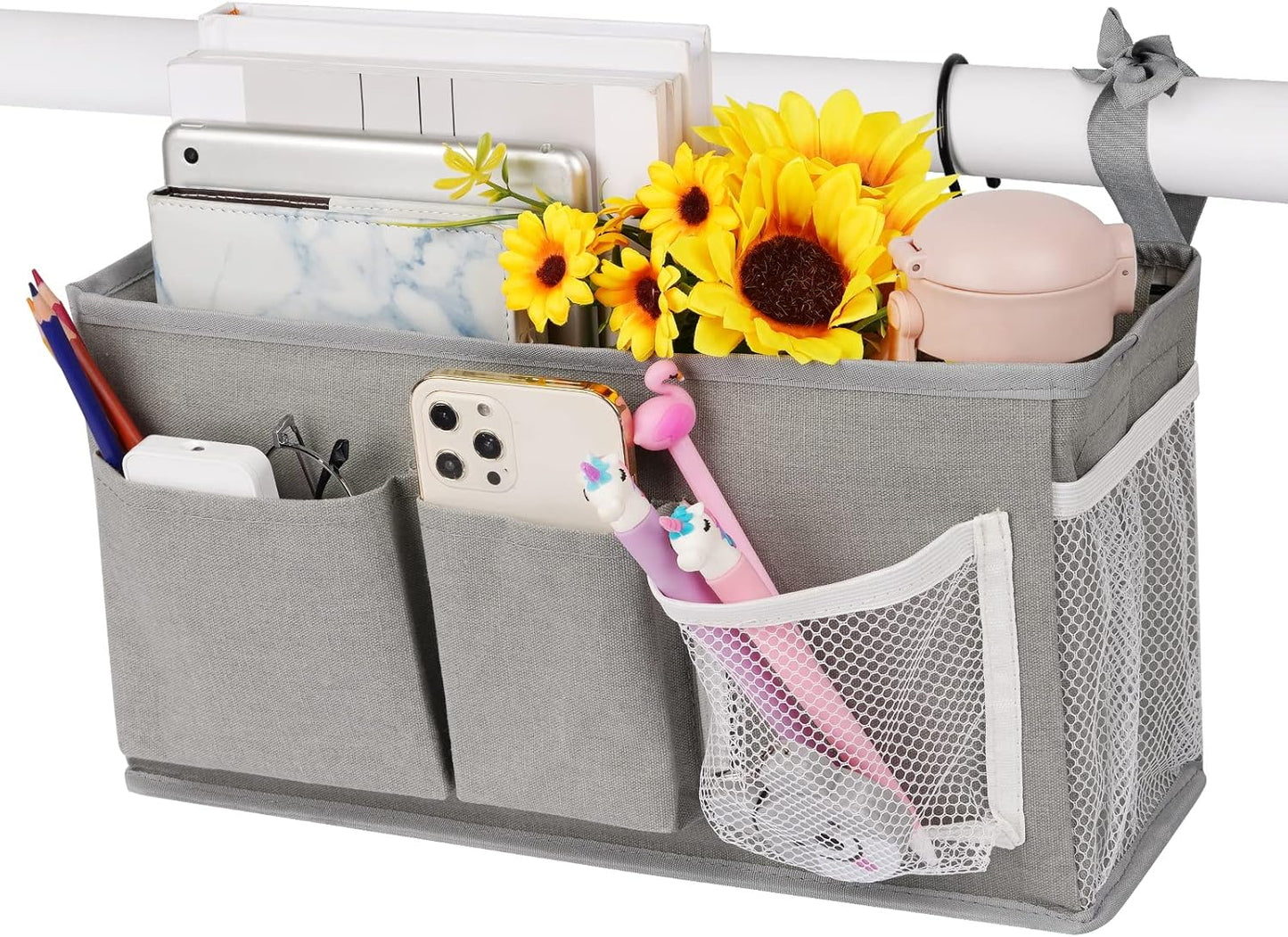 Loghot Bedside Caddy/Bedside Storage Bag Hanging Organizer for Bunk and Hospital Beds,Dorm Rooms Bed Rails,Can be Placed Glasses,Books,Mobile Phones,Keys (White)