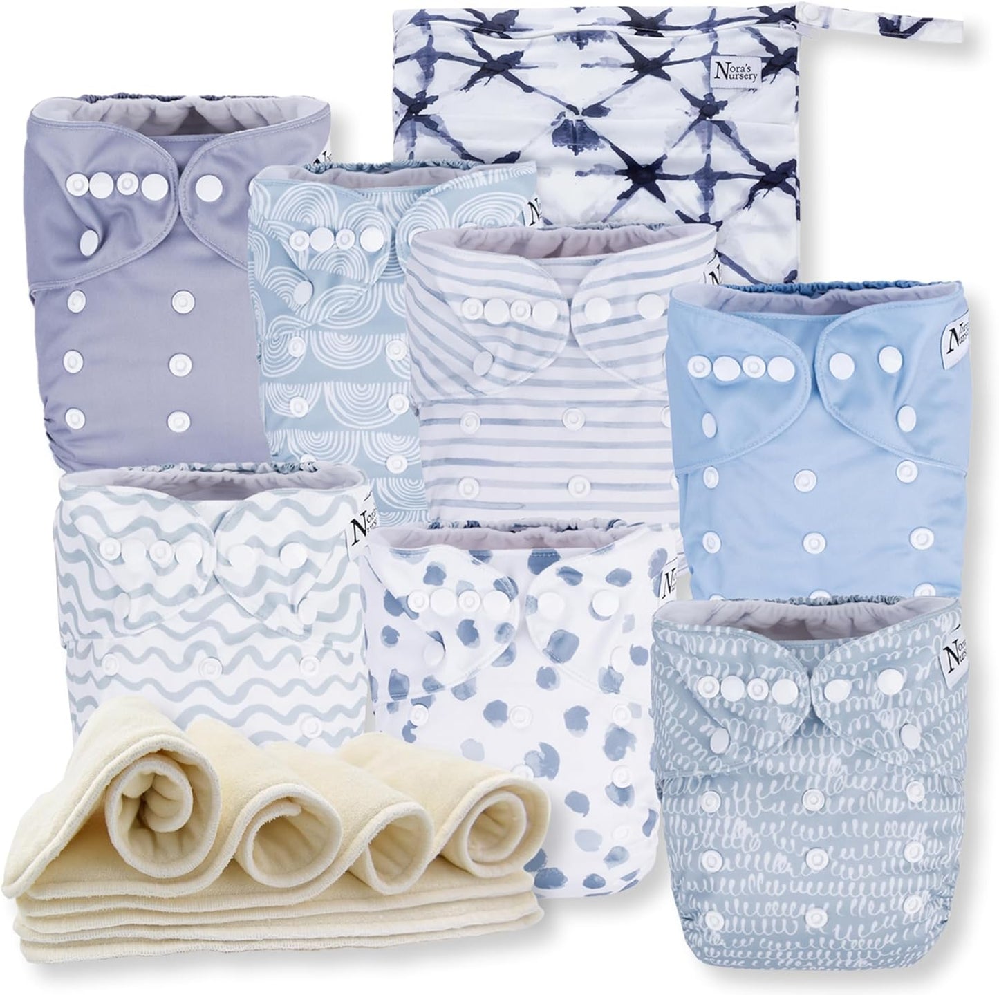 Nora's Nursery Cloth Diapers 7 Pack with 7 Inserts & 1 Wet Bag - Waterproof Cover, Washable, Reusable & One Size Adjustable Pocket Diapers for Newborns and Toddlers - Delilah
