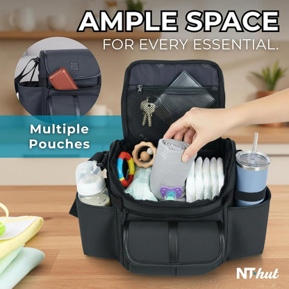 NT·hut Baby Stroller Organizer, Stroller Caddy Bag with 2 Wide Cup Holders & Bottle Straps, Universal Strap Fit, Fits 11" Tablet, Magnetic Pocket, Zipper & Mesh Pockets, Water Resistant 600D (Black)