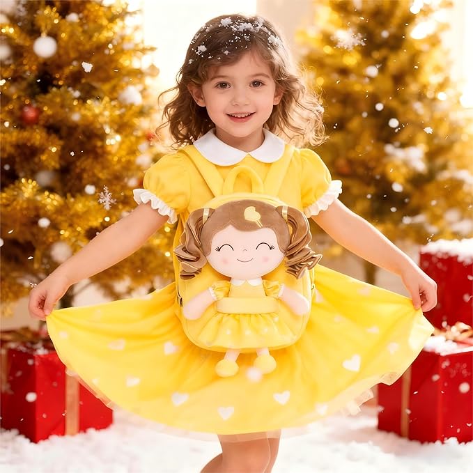 Gloveleya Back to School Gifts for Girls Toddler Backpack Baby Girls Gift Plush Bag Diaper Bag with Spring Girl Doll Curly Hair Girl Toys with Love Yellow 9 Inches