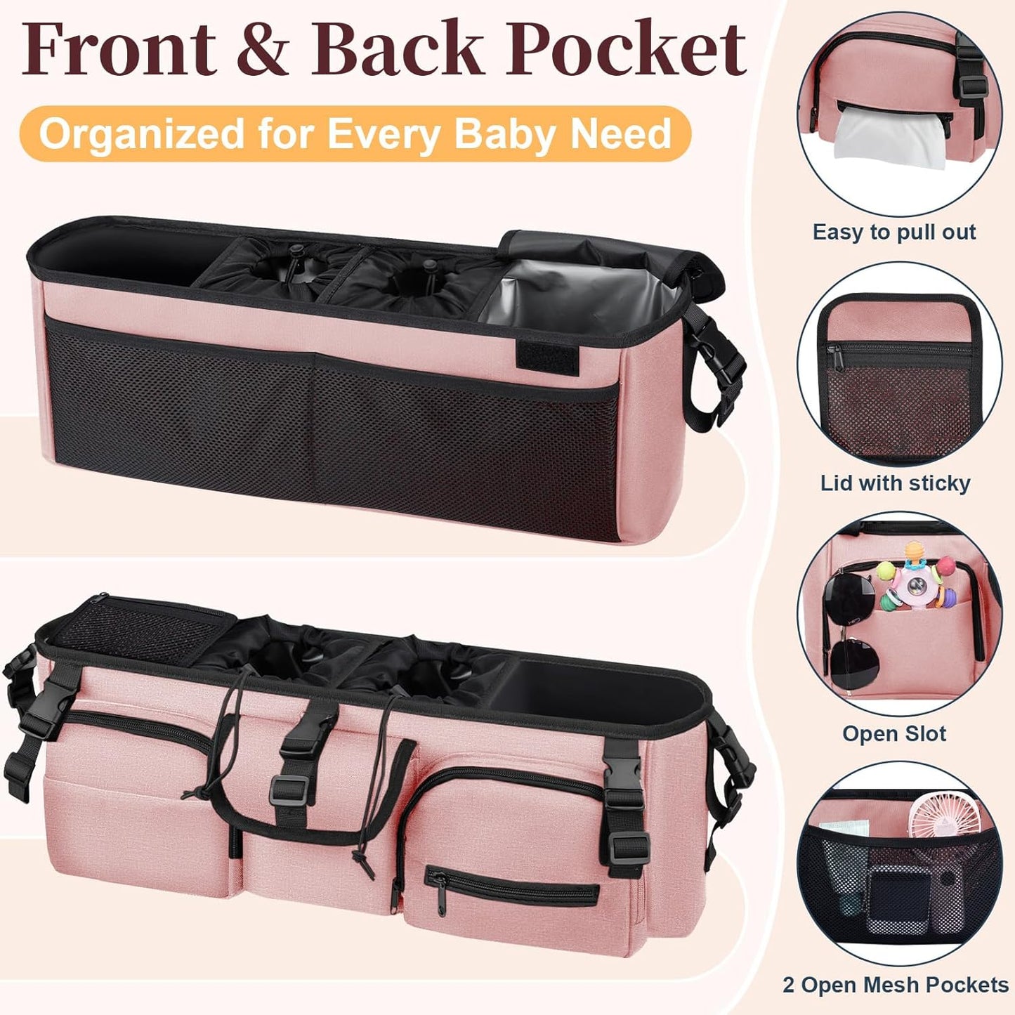GDNasist Double Stroller Organizer Compatible with Bob Duallie and Baby Jogger City Mini GT2, Double Baby Stroller Accessories with Cooler Bag, Parent Console Double Jogging Stroller Caddy, Black