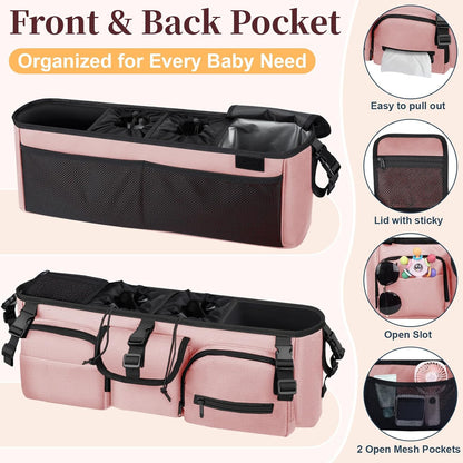 GDNasist Double Stroller Organizer Compatible with Bob Duallie and Baby Jogger City Mini GT2, Double Baby Stroller Accessories with Cooler Bag, Parent Console Double Jogging Stroller Caddy, Black