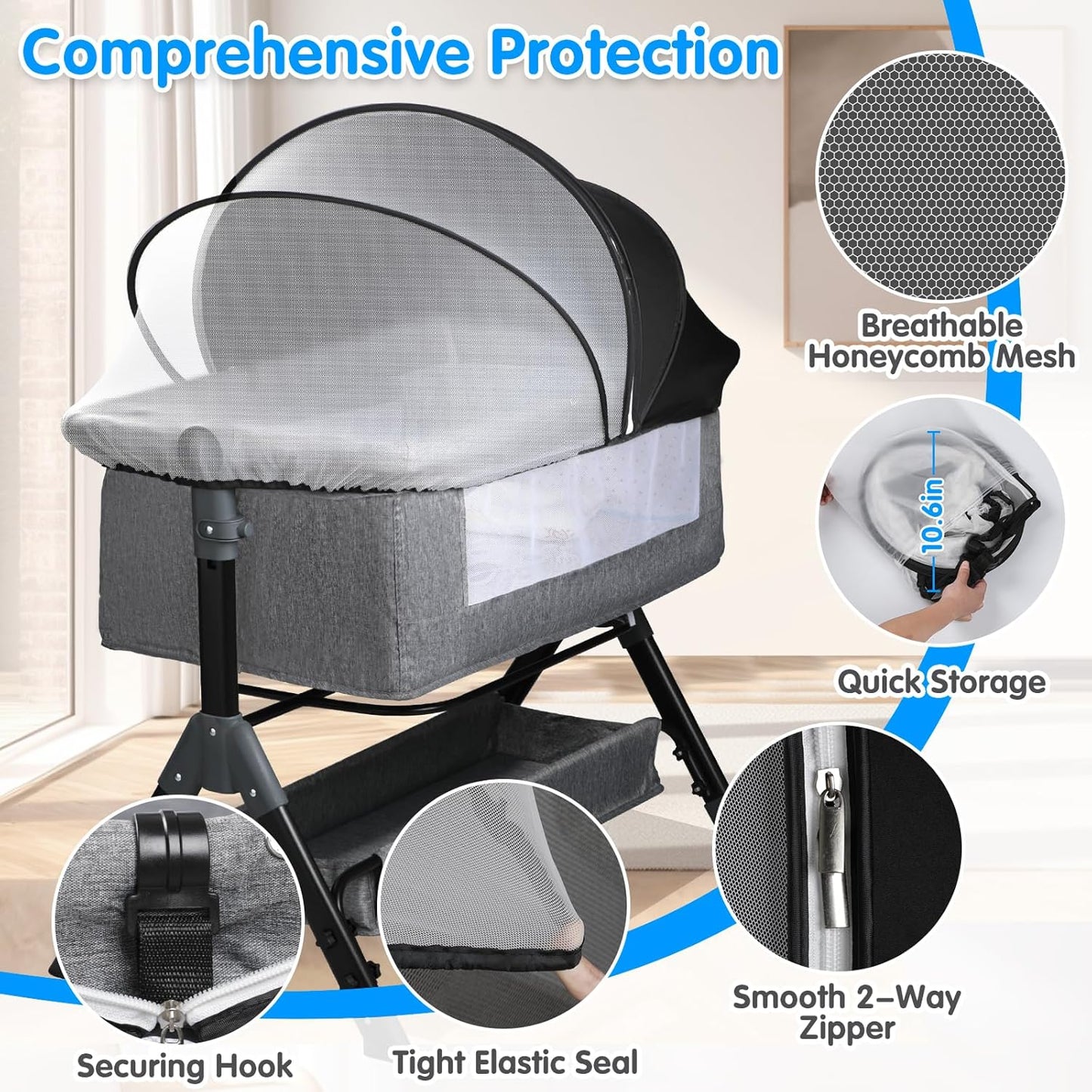 Bassinet Mosquito Net Cover - Half-Blackout Mosquito Net for Baby Crib & Bedside Sleeper, Breathable Crib net with 2-Way Zipper, Sun-Blocking Baby Mosquito Net Cover (Gray-Small)