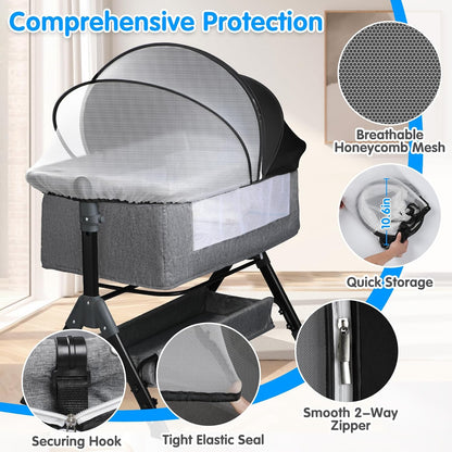 Bassinet Mosquito Net Cover - Half-Blackout Mosquito Net for Baby Crib & Bedside Sleeper, Breathable Crib net with 2-Way Zipper, Sun-Blocking Baby Mosquito Net Cover (Gray-Small)