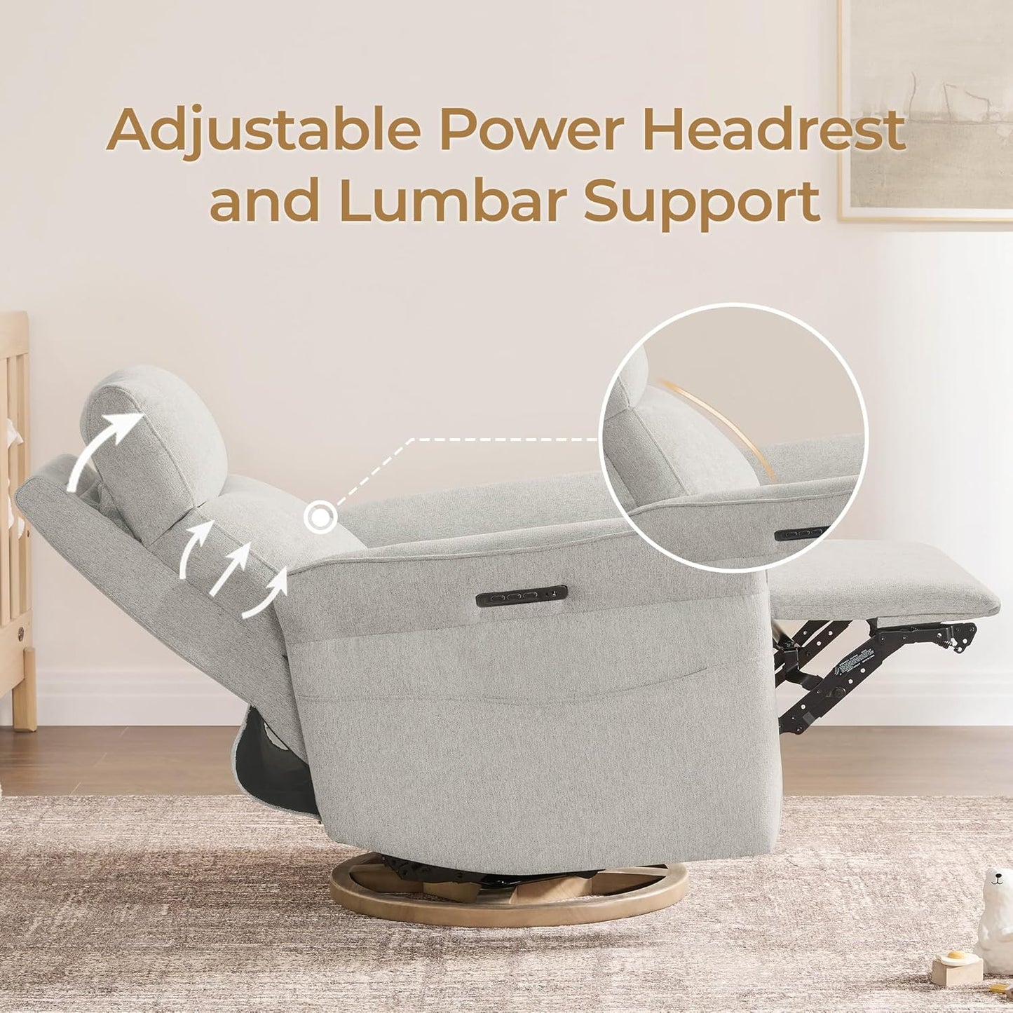 CHITA Power Recliner Chair, Electric Triple-Motor Swivel Glider Nursery Rocking Chair with Adjustable Power Headrest and Lumbar Support, GREENGARD Gold Certified, Solid Wood Base, Khaki Grey