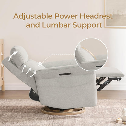 CHITA Power Recliner Chair, Electric Triple-Motor Swivel Glider Nursery Rocking Chair with Adjustable Power Headrest and Lumbar Support, GREENGARD Gold Certified, Solid Wood Base, Khaki Grey
