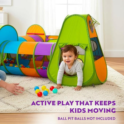 Playz 5-Piece Kids Pop up Play Tent Crawl Tunnel and Ball Pit with Basketball Hoop Playhouse for Boys, Girls, Babies, and Toddlers (Purple, Orange, Yellow, Red, Blue)