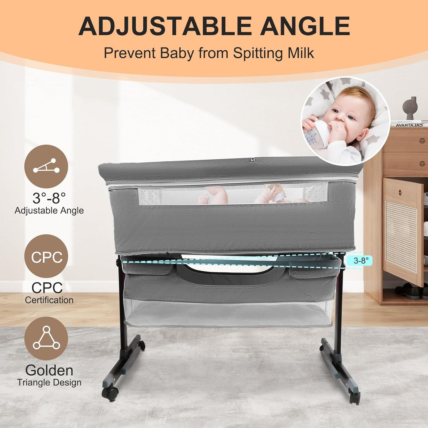 BIERUM Bassinet 4 in 1 - Bedside Bassinet for Baby, Height Adjustable Bassinet Bedside Crib with Lockable Wheels & Mosquito Nets, Large Storage Bag & Comfortable Mattresses Included.
