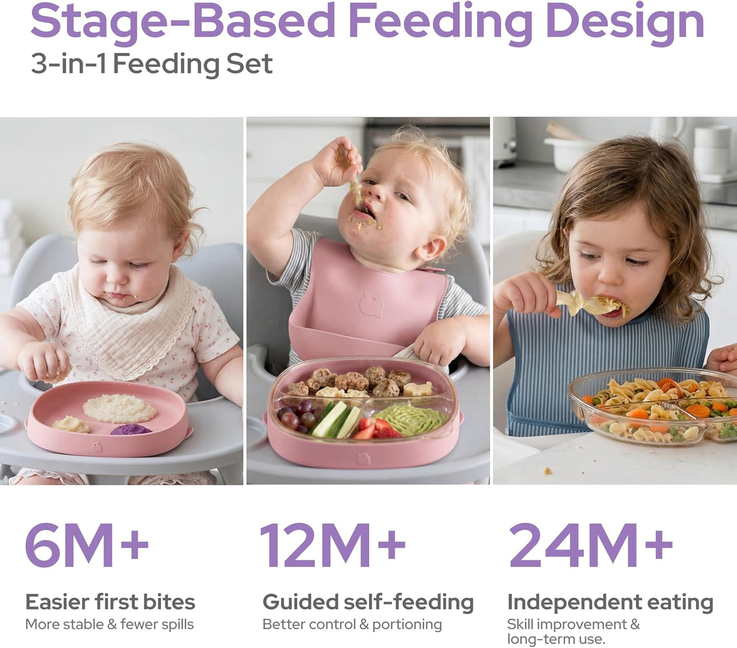 3-in-1 Baby Suction Plates for Toddlers 6-36 Months - Premium Bottle-Grade PPSU Silicone Divided Dishes, Stage-Based Self-Feeding Supplies, BPA Free Stain & Odor Resistant, Microwave Dishwasher Safe