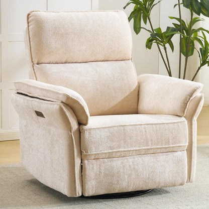 Oversized Glider Rocker Recliner, 26" Extra Wide 360° Swivel Nursery Recliner with Adjustable Headrest, Chenille Rocking Nursery Chair with Overstuffed Armrest, Lumbar Support, Light Grey