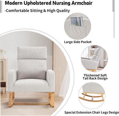 Rocking Chair Nursery, Upholstered Nursing Rocker Chair for Mom with High Backrest and Side Pockets for Bedroom Living Room, Beige