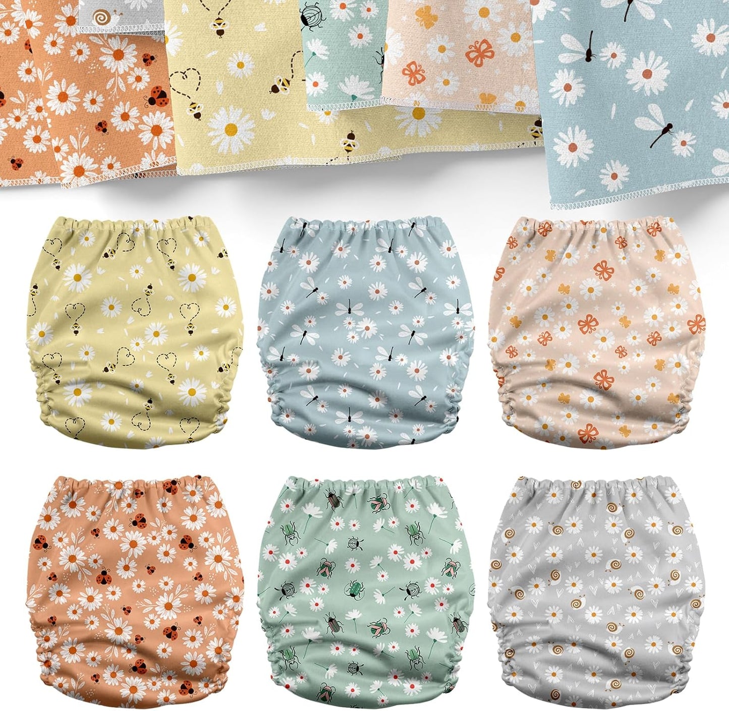 Mama Koala 3.0 Pocket Cloth Diapers for Babies with AWJ Lining, 6 Pack with 6 4-Layer Natural Cloth Diaper Inserts - Reusable and Washable Pocket Diapers(Hardworking Bees) - Colors B