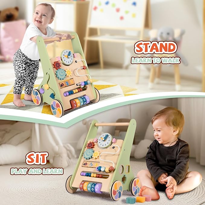 BAUTIA Wooden Baby Walker for 12 Months, Montessori Walker Push Toy for Toddlers Learning to Walk, Push Walker Baby Activity Center for Boys and Girls