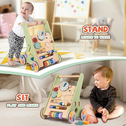 BAUTIA Wooden Baby Walker for 12 Months, Montessori Walker Push Toy for Toddlers Learning to Walk, Push Walker Baby Activity Center for Boys and Girls