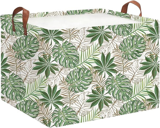 Rectangle Storage Basket with Handles,Collapsible Storage Bin,Books Box,Gift Basket(Golden Monstera)