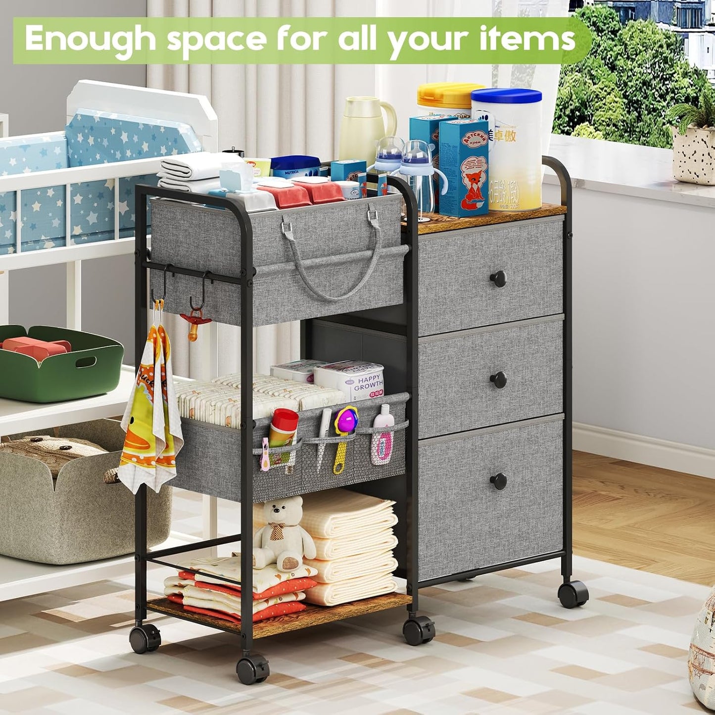 Cidaziya 2In1 Baby Diaper Caddy Organizer and Storage, 3 Tier Rolling Cart with Drawer, Mobile Utility Cart Baby Dresser Clothes Organizer for Crib, Art & Craft Storage, White, 17"W x 11.42"D x 33.5"H