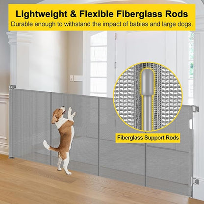 Reinforced 42” Extra Tall x 80” Wide Retractable Baby Gates with Rods to Prevent Crawling Through, Extra Tall Dog Gate for Large Openings Indoor Long Mesh Pet Gate for Stairs and Doorways, Gray