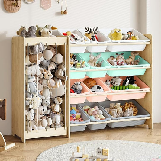 EXPERLAM Kids Toy Storage Organizer, 2-in-1 Stuffed Animal Storage & Toy Organizer w/12 Bins, Solid Wood Toy Rack Featuring Thicker Elastic Ropes to Hold Toys, Playroom Nursery Bedroom Storage, Multi