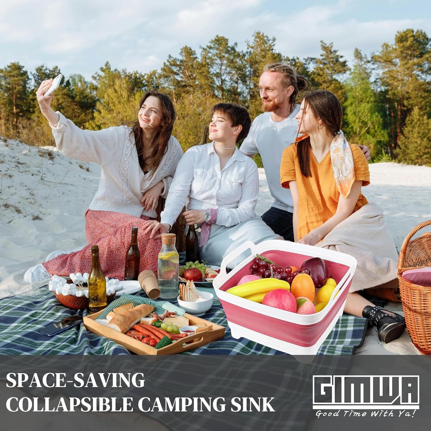 GIMWA Collapsible Wash Basin for Baby Bottles - 2.4 Gallons Portable Wash Bin for RV Camping Sink, Space-Saving Dish Tub (Pink)