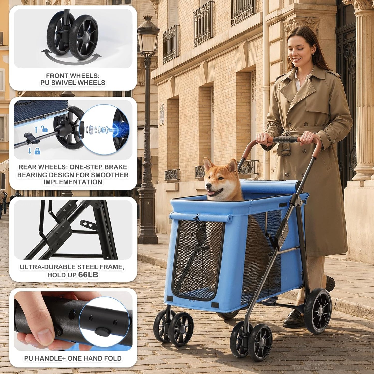 MoNiBloom Large Pet Stroller with Anti-Slip Ramp, Heavy Duty Dog Stroller Up to 99lb, Safe & Gentle Mobility Aid, All-Terrain Wheels, Idea for Injured, Disabled, & Senior Dog