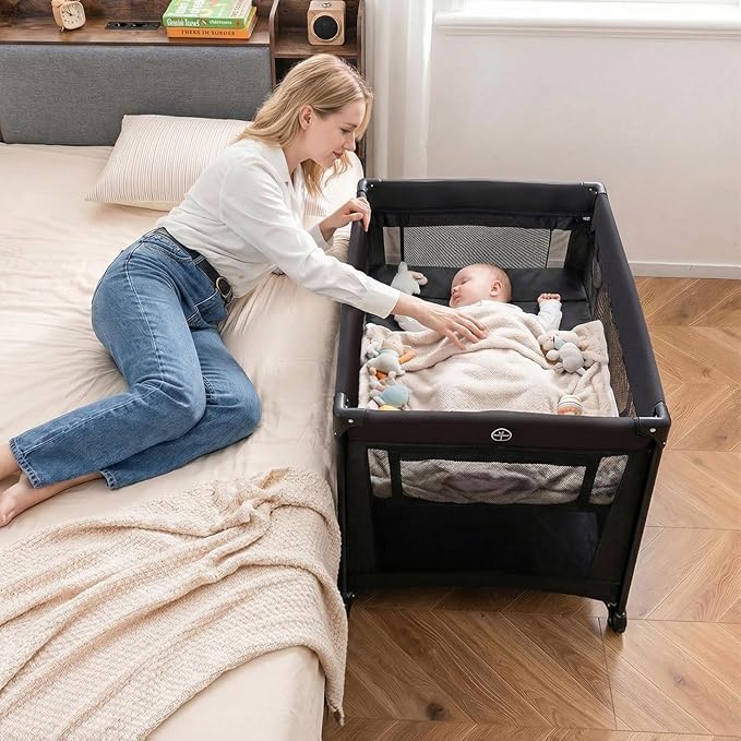 BABY JOY Pack and Play with Bassinet, Portable Playard for Baby, Double Layer Foldable Baby Playpen with Mattress, Lightweight Travel Crib with Bassinet & Carry Bag from Newborn to Toddlers