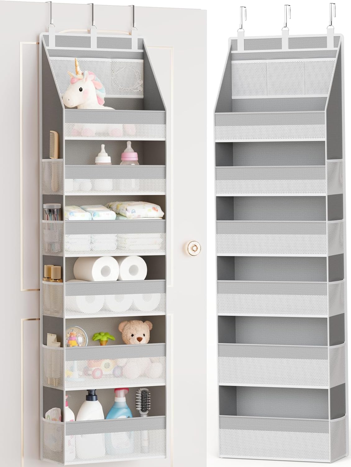 Criusia Over the Door Organizer, 6-Shelf Closet Hanging Storage with 13 Mesh Pockets, 55lbs Capacity Behind the Door Storage for Baby Nursery, Bathroom, Bedroom, and Dorm, Beige