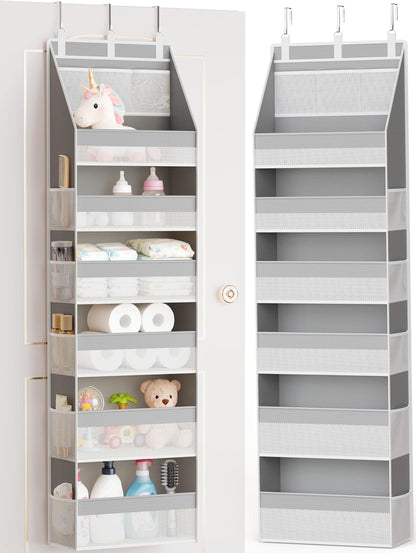 Criusia Over the Door Organizer, 6-Shelf Closet Hanging Storage with 13 Mesh Pockets, 55lbs Capacity Behind the Door Storage for Baby Nursery, Bathroom, Bedroom, and Dorm, Beige