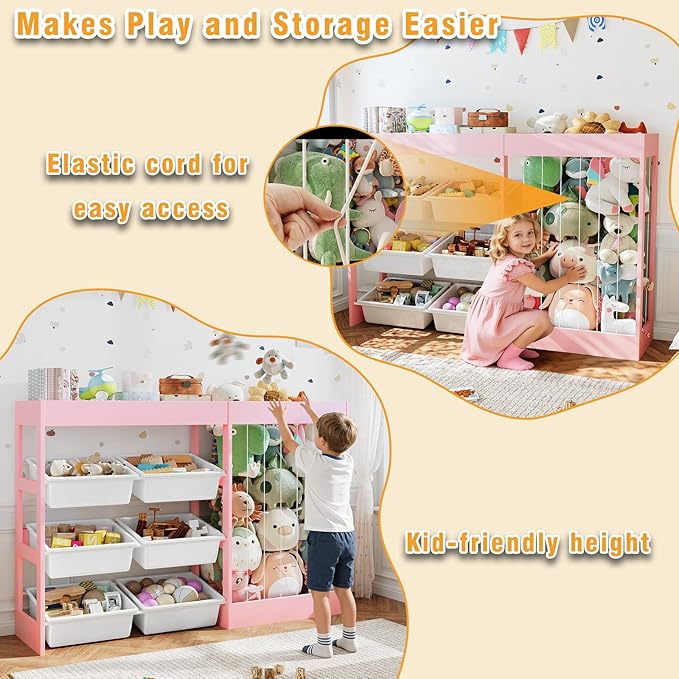 50.6" W Toy Organizers and Storage, 3-in-1 Kids Toy Storage Cabinet with Stuffed Animal Holder, 6 Plastic Removable Bins, Wooden Shelf for Girls Boys Playroom, Nursery, Kids Room(Pink)