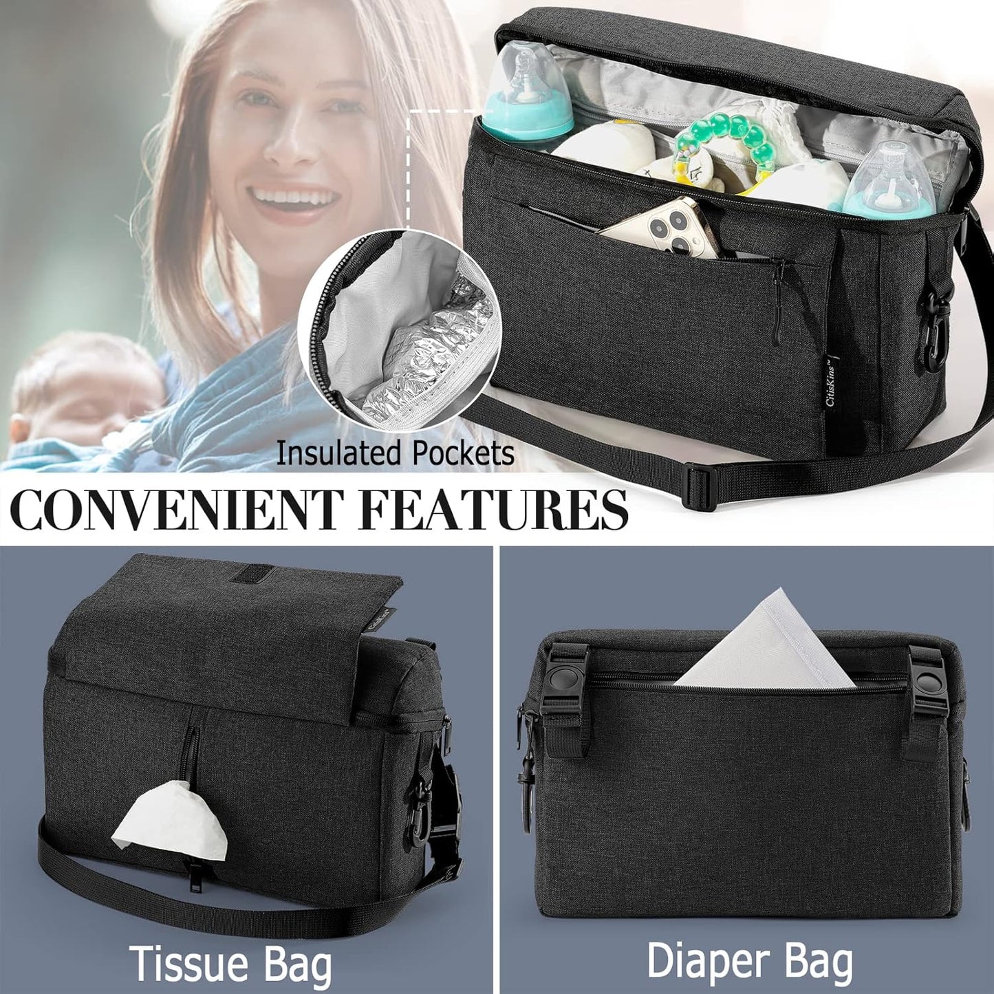 Universal Baby Stroller Organizer Large Space with Insulated Cup Holder Detachable Diaper Bag Adjustable Shoulder Strap Fits All Strollers (grey)