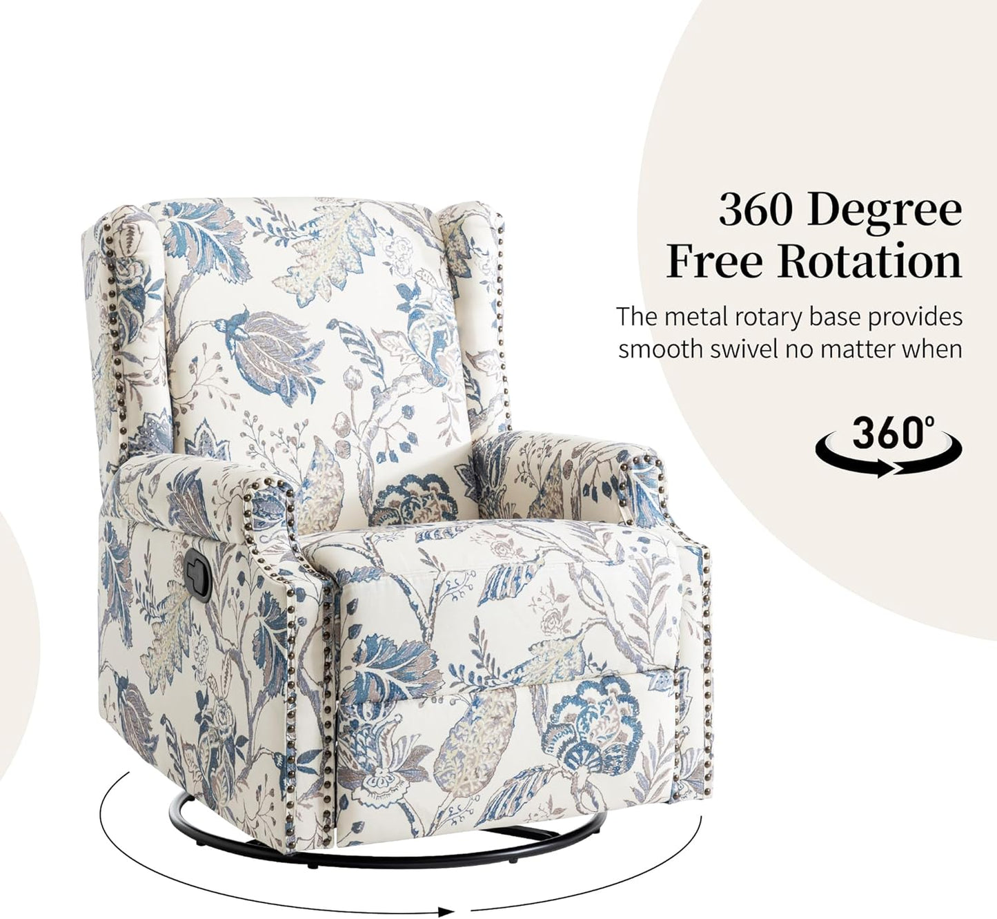 Swivel Rocker Recliner Chair, Manual Nursery Glider Recliner, Floral Fabric Wingback Accent Chair with Adjustable Backrest & Footrest for Small Spaces Living Room Bedroom (Plants Floral, Set of 1)