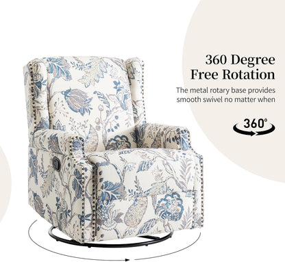 Swivel Rocker Recliner Chair, Manual Nursery Glider Recliner, Floral Fabric Wingback Accent Chair with Adjustable Backrest & Footrest for Small Spaces Living Room Bedroom (Plants Floral, Set of 1)
