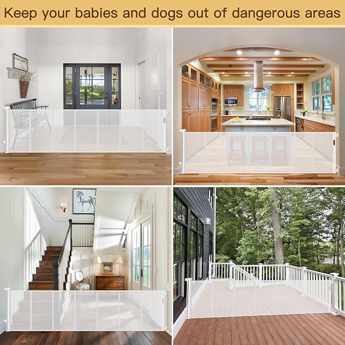 Reinforced 100 Inch Retractable Baby Gates for Doorways Extra Wide to Prevent Crawling Through, 8 ft Extra Long Retractable Pet Gate for Dogs, Safety Outdoor Baby Gate for Deck, Porch, Patio, White