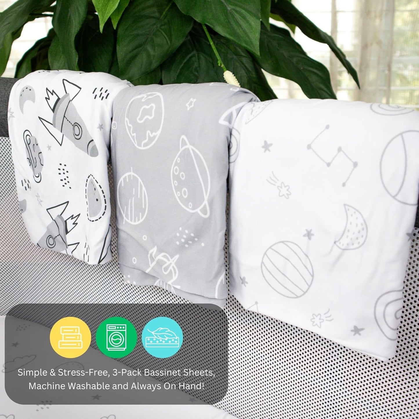 Bassinet Sheets for Papablic, CoZee, Cowiewie, Ezebaby, Nawahev Baby Bassinet Bedside Sleeper by TansyPanda, 3PC, 33x20, Ultra Soft, Breathable Snug Fit, Unisex Boys Girls, Gray White (Space Rockets)
