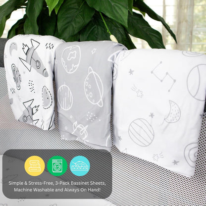 Bassinet Sheets for Papablic, CoZee, Cowiewie, Ezebaby, Nawahev Baby Bassinet Bedside Sleeper by TansyPanda, 3PC, 33x20, Ultra Soft, Breathable Snug Fit, Unisex Boys Girls, Gray White (Space Rockets)