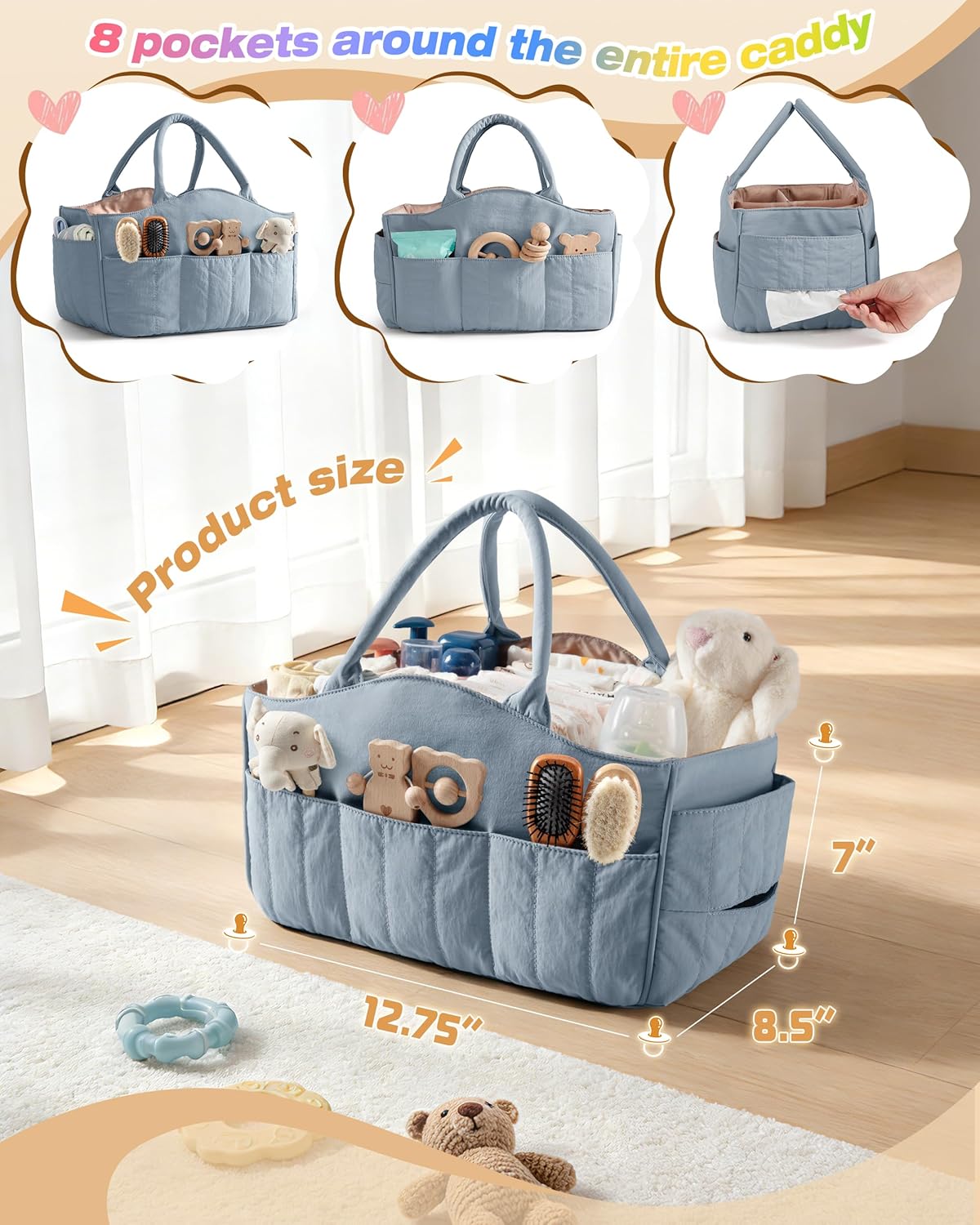Marscamd Quilted Baby Diaper Caddy with Detachable Dividers and Wipes Pocket, Lightweight Baby Caddy Organizer with Handles and 8 Pockets for Baby Stuff, Dusty Blue