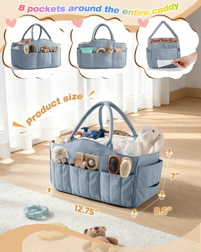 Marscamd Quilted Baby Diaper Caddy with Detachable Dividers and Wipes Pocket, Lightweight Baby Caddy Organizer with Handles and 8 Pockets for Baby Stuff, Dusty Blue