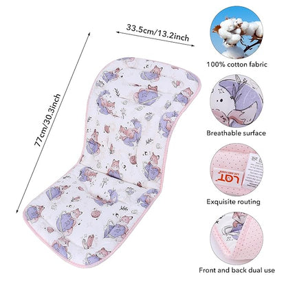 Baby Stroller Cushion,Infant Car Seat Insert-Reversible Universal Breathable and Soft Newborn Stroller Mat,100% Cotton Cover Toddler Seat Pad Liner-34x78cm,1 Pack(Fox+Pink Dots)