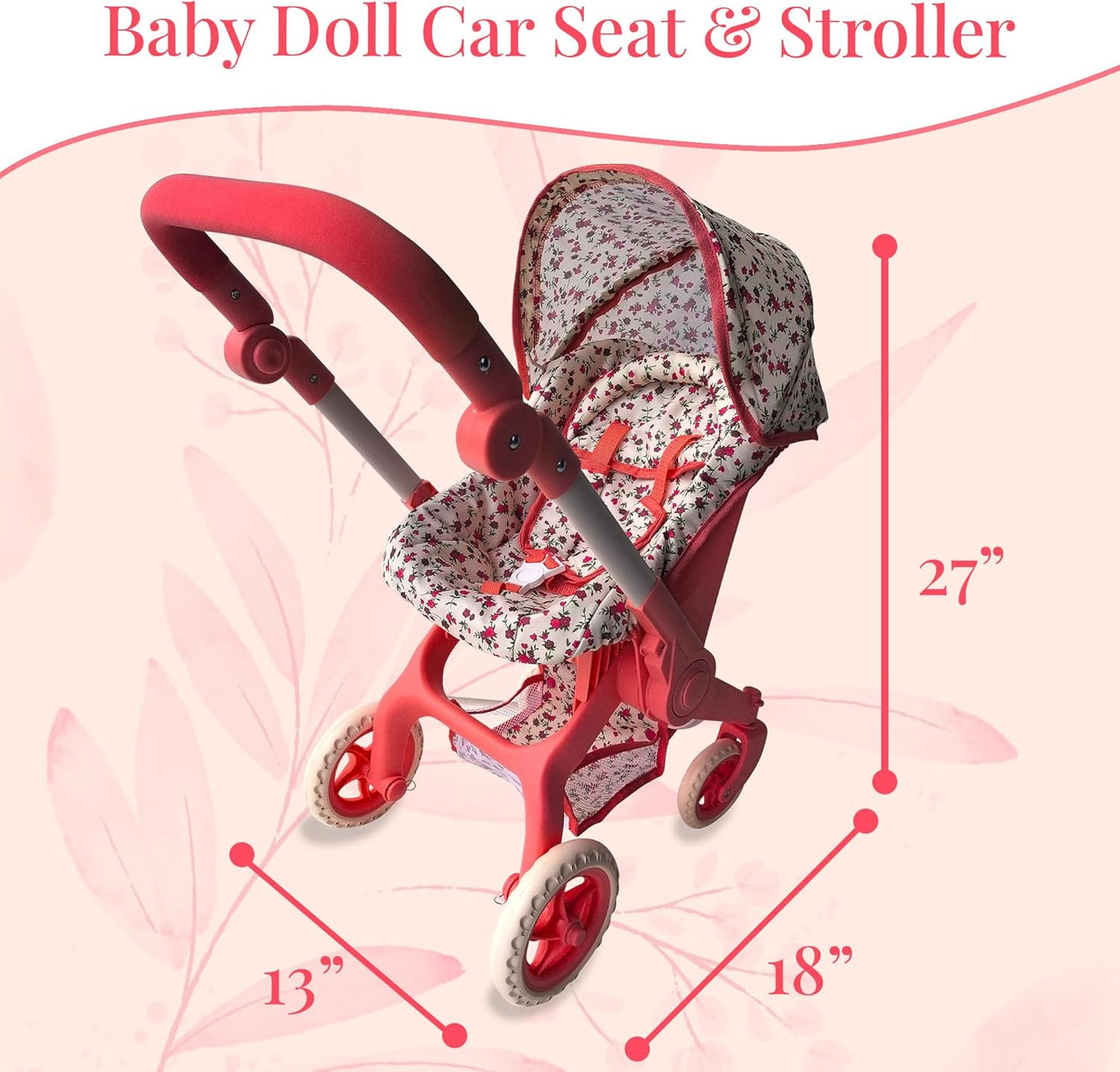 Baby Doll Car Seat Stroller Combo – Convertible 2 in 1 Doll Stroller and Car Seat for Kids – Fits Up to 20” Dolls – Play Toy Baby Stroller with Adjustable Handle for Girls Toddlers All Ages (Black)