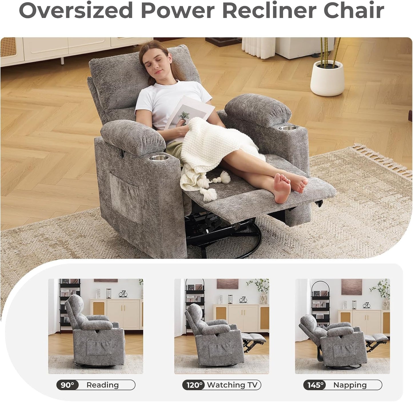 Rocking Chair Nursery with Adjustable Armrests, Electric Glider Recliner Nursing Chair for Breastfeeding, Power Swivel Recliner Chairs with Massage and Heat, Adjustable Headrest , FSC Certified, White