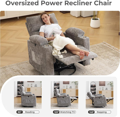 Rocking Chair Nursery with Adjustable Armrests, Electric Glider Recliner Nursing Chair for Breastfeeding, Power Swivel Recliner Chairs with Massage and Heat, Adjustable Headrest , FSC Certified, White
