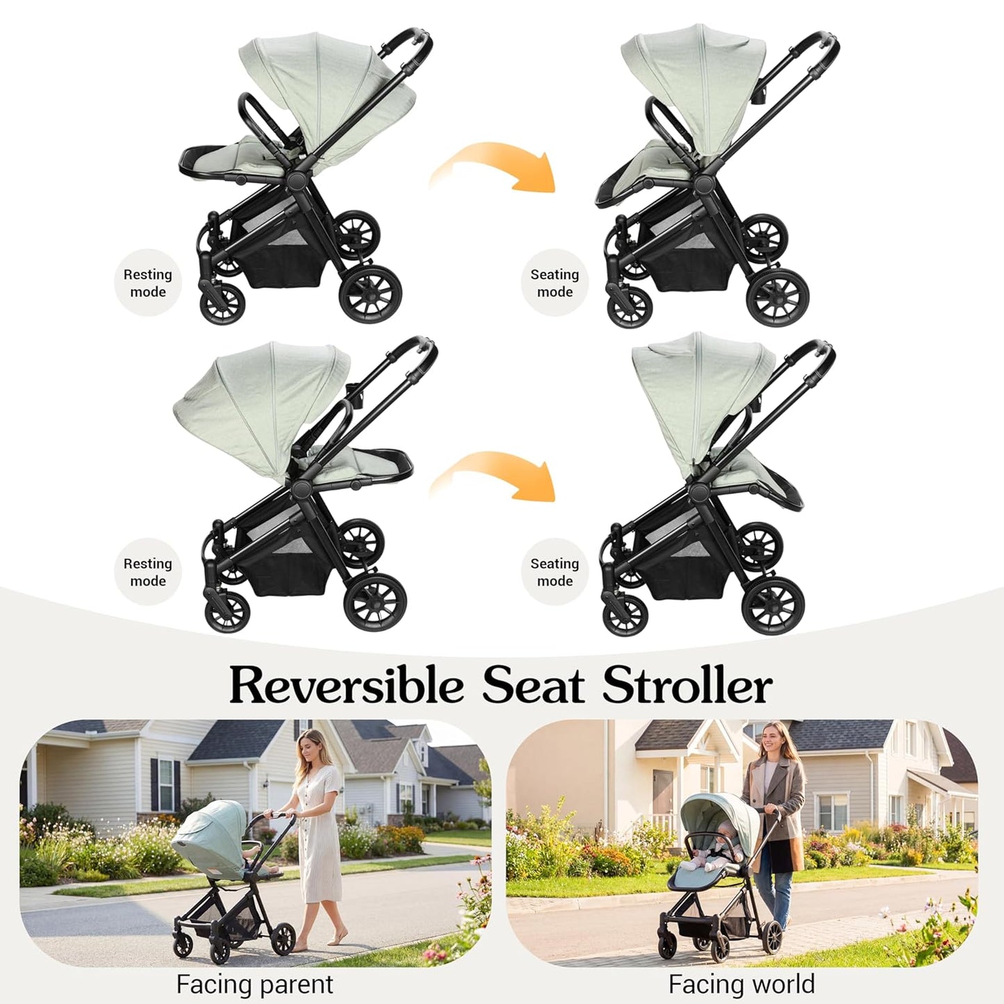 Lightweight High-View Baby Stroller, One-Hand Fold & Compact Storage, Convertible Seat, 5-Point Safety Harness, Foldable Infant Stroller, Grey