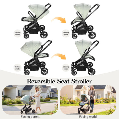 Lightweight High-View Baby Stroller, One-Hand Fold & Compact Storage, Convertible Seat, 5-Point Safety Harness, Foldable Infant Stroller, Grey