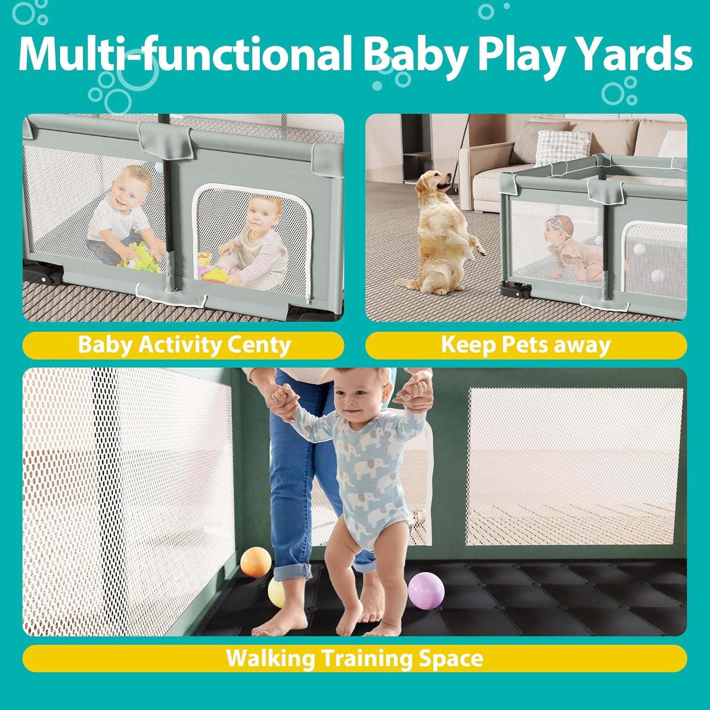 ICAREWAY Foldable Playpen for Babies and Toddlers, 50x50 Inches Portable Playpen, Kids Collapsible Play Pen with 2 Handlers, Indoor & Outdoor Baby Fence Play Area with Visible Mesh, Dark Gray