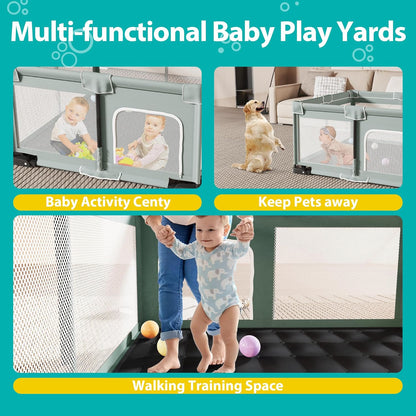 ICAREWAY Foldable Playpen for Babies and Toddlers, 50x50 Inches Portable Playpen, Kids Collapsible Play Pen with 2 Handlers, Indoor & Outdoor Baby Fence Play Area with Visible Mesh, Dark Gray