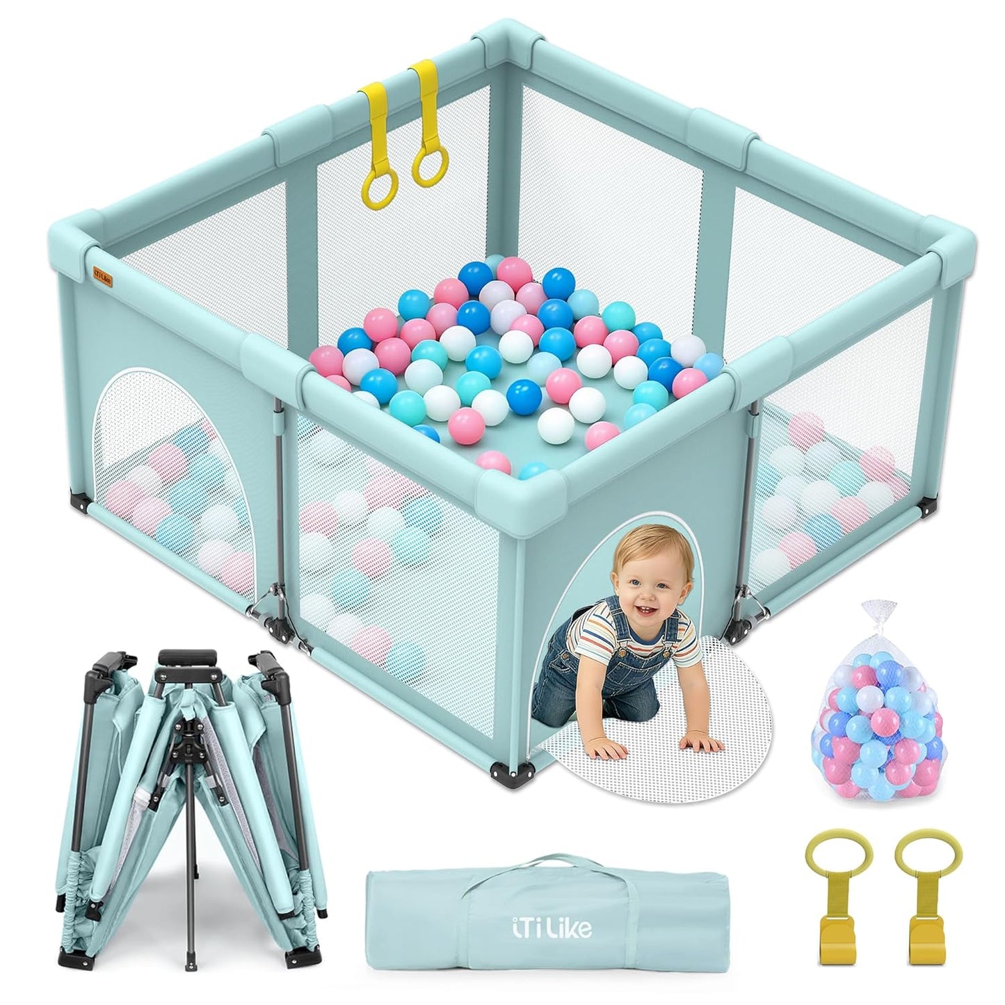 Foldable Baby Playpen, iTiLike Large Playard with Detachable Thickened Washable Water-Resistant Mat, Playpen for Babies and Toddlers, Play Pens with Gate, Indoor & Outdoor Portable Play Yard