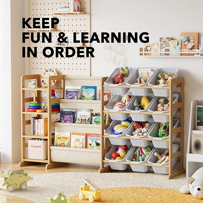 SpaceAid 3-in-1 Toy Storage Organizer with 4 Shelves and 12 Bins, Toy Organizers Storage 3-Tier Bookshelf, Kids Bin Shelf Box Bookcase for Bedroom Playroom Organization Room Decor, Neutral Gray