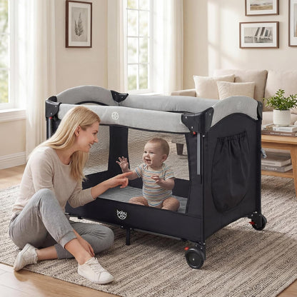 BABY JOY 5-in-1 Pack and Play, Baby Bedside Sleeper with Bassinet, Portable Baby Playard with U-Shaped Diaper Changer, Safety Strap, Multifunction Baby Bassinet Bedside Crib from Newborn to Toddlers
