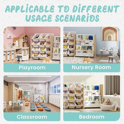 EXPERLAM Kids Toy Storage Organizer - Toy Organizer with Bookshelf, Toy Storage with 12 Toy White Bins and 4 Book Shelves, Toy Organizers and Storage for Playroom, Nursery, Kids Room, Burlywood