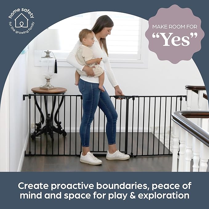 Dreambaby Discovery Metal Baby Gate - 76.5" Extra Wide 3 Panel Walk Through Door for Angled Openings, Configurable for Stairs and Hallways, 29in High