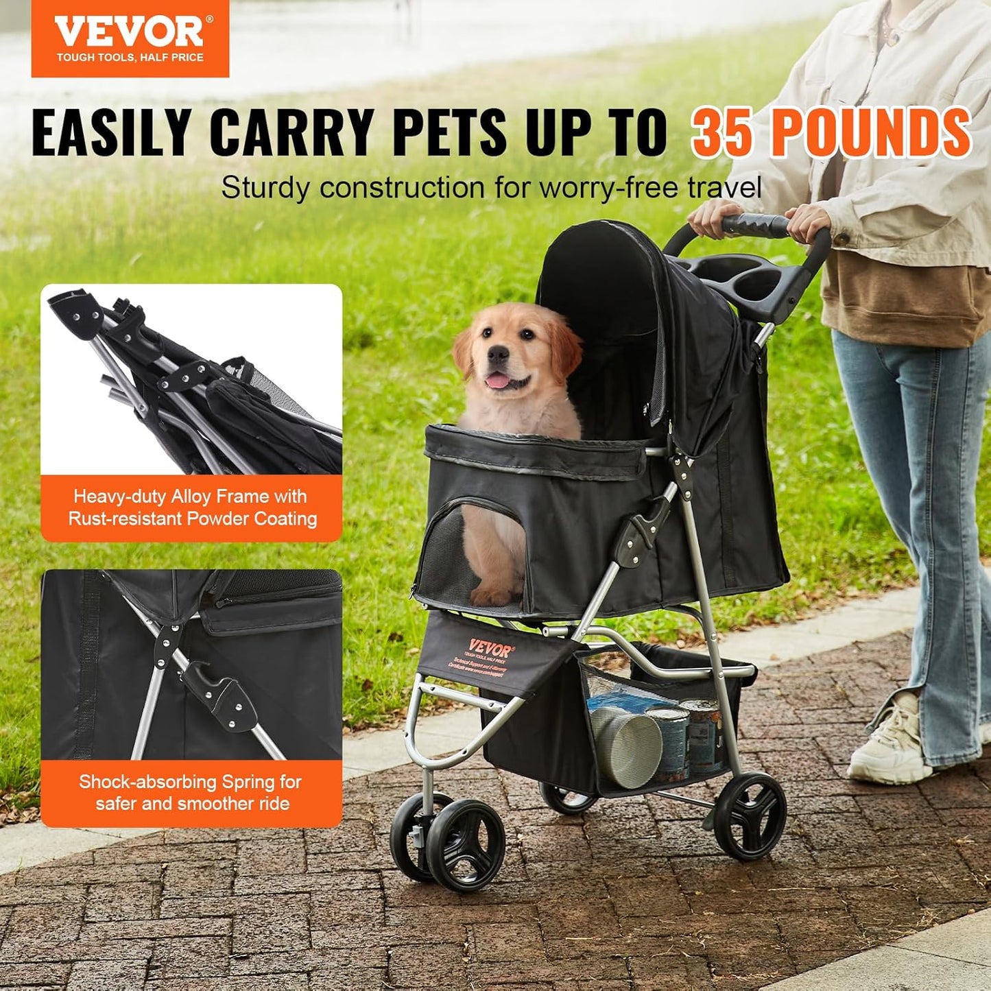 VEVOR Pet Stroller, 44 lbs Weight Capacity, Foldable Dog Cart, 4 Wheels Cats Stroller with Mesh Windows & Revrsible Handle, Portable Pet Carrier with Brake, for Small to Medium Pets